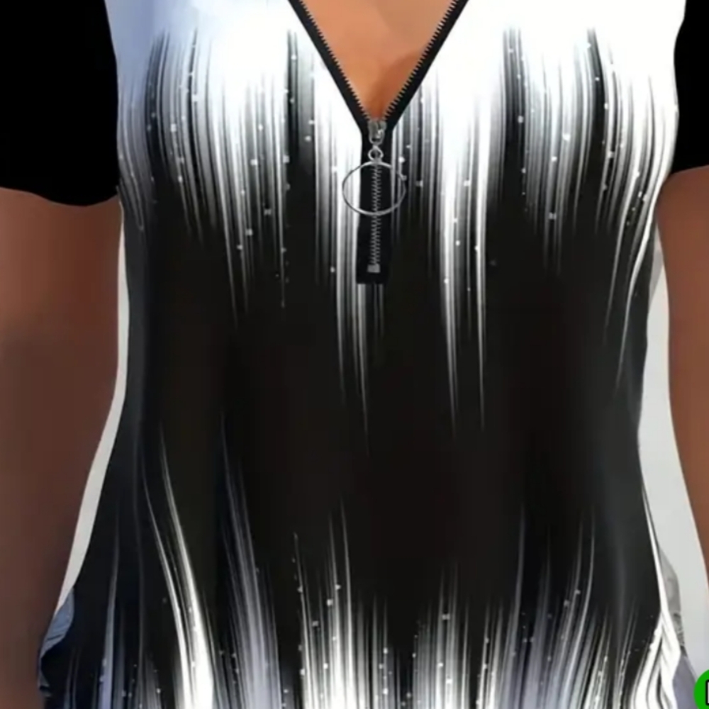 Graphic Black and White Short Sleeve Zipper Blouse